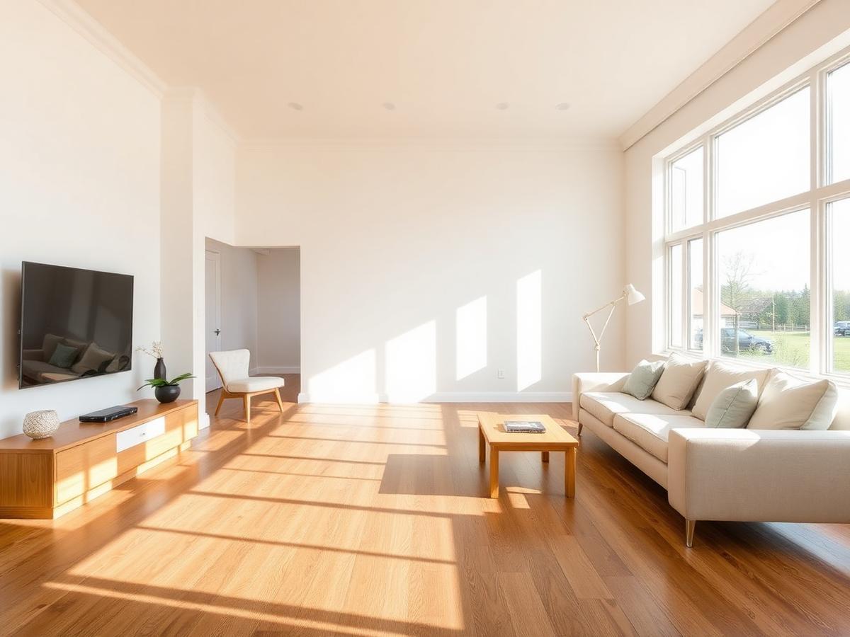 Bright renovated living room with new oak flooring