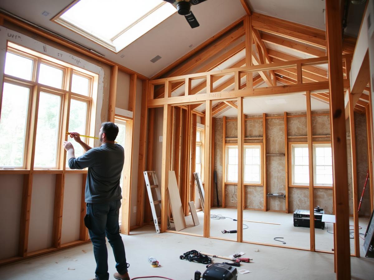 Home interior renovation in progress with new framing
